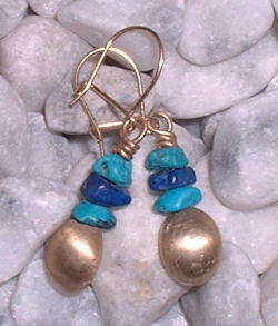 Gold 9caret earrings with turquoise and lapis lazuli beads