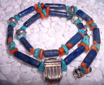 lapis lazuli coral and turquoise necklace with silver scrab