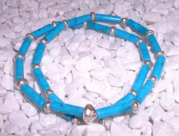 necklace with cylinder turquoise and silver beads